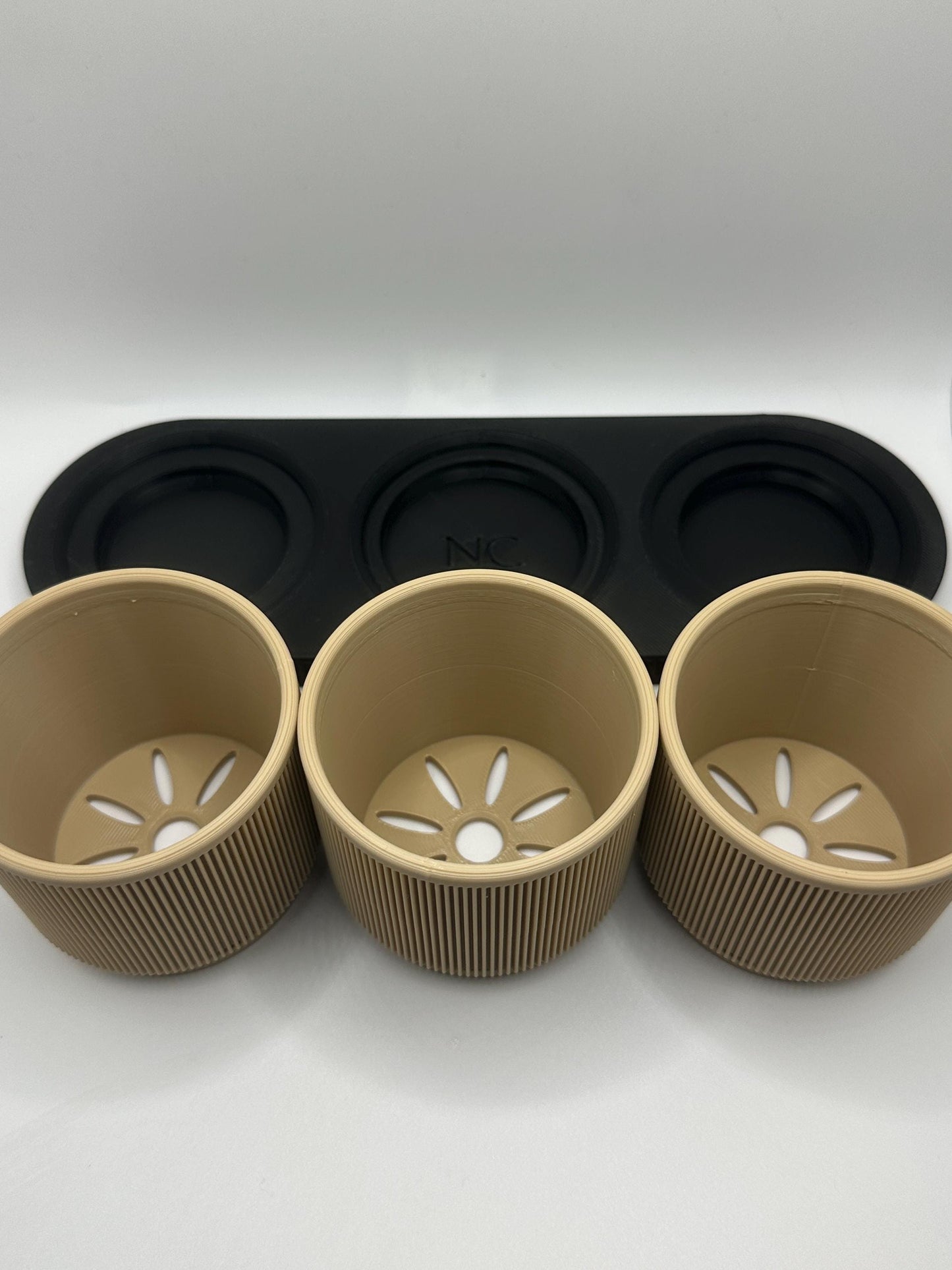 Modern Mini Planter Set: Tan Pots with Black Tray, Drainage