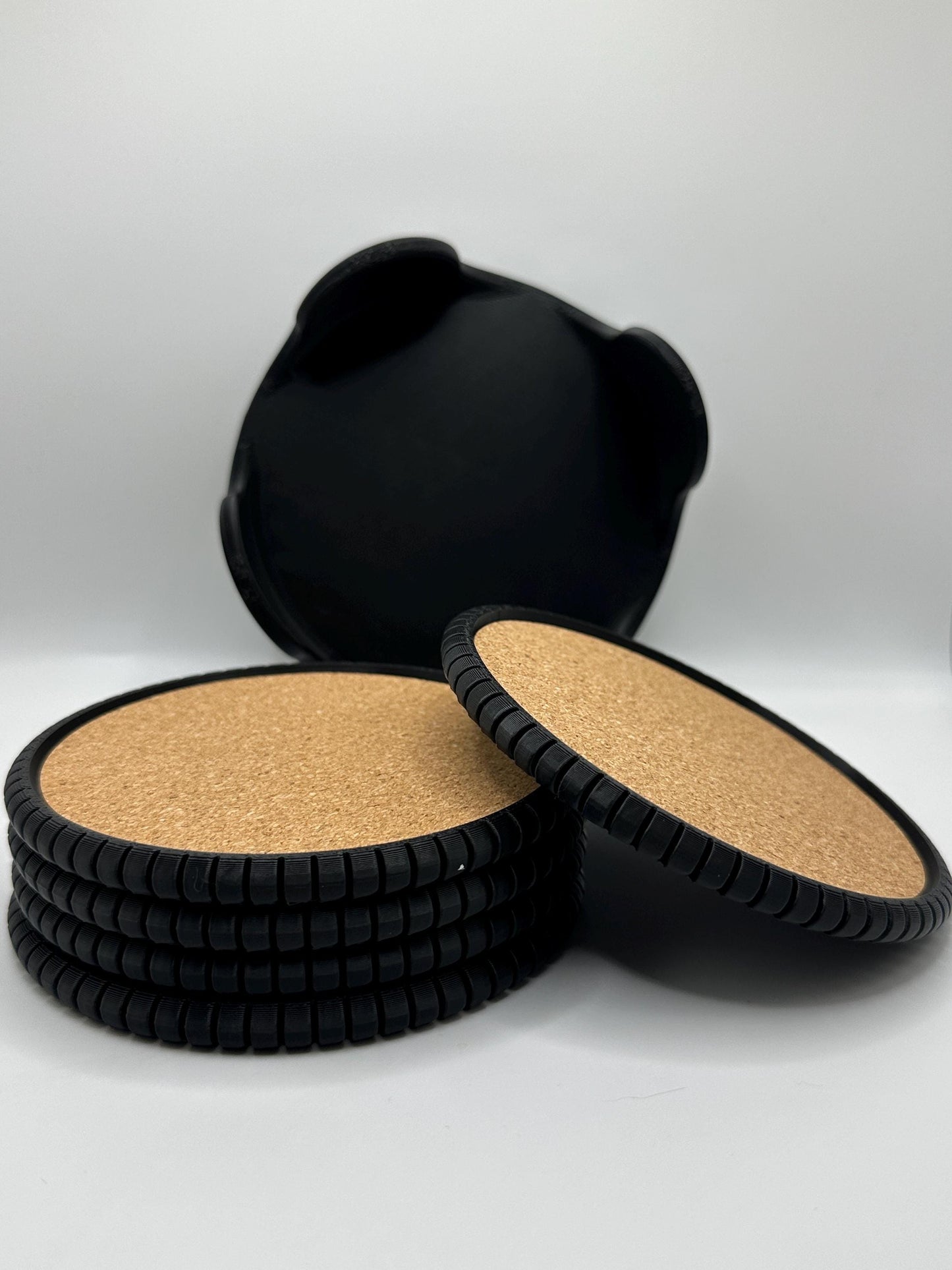 3D Printed Cork Coaster Set with Holder - Modern Drink Coasters