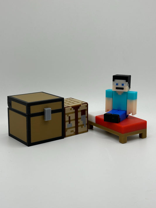 Character Pack – Articulated Character, Bed, Chest & Crafting Table | 3D Printed Display Set