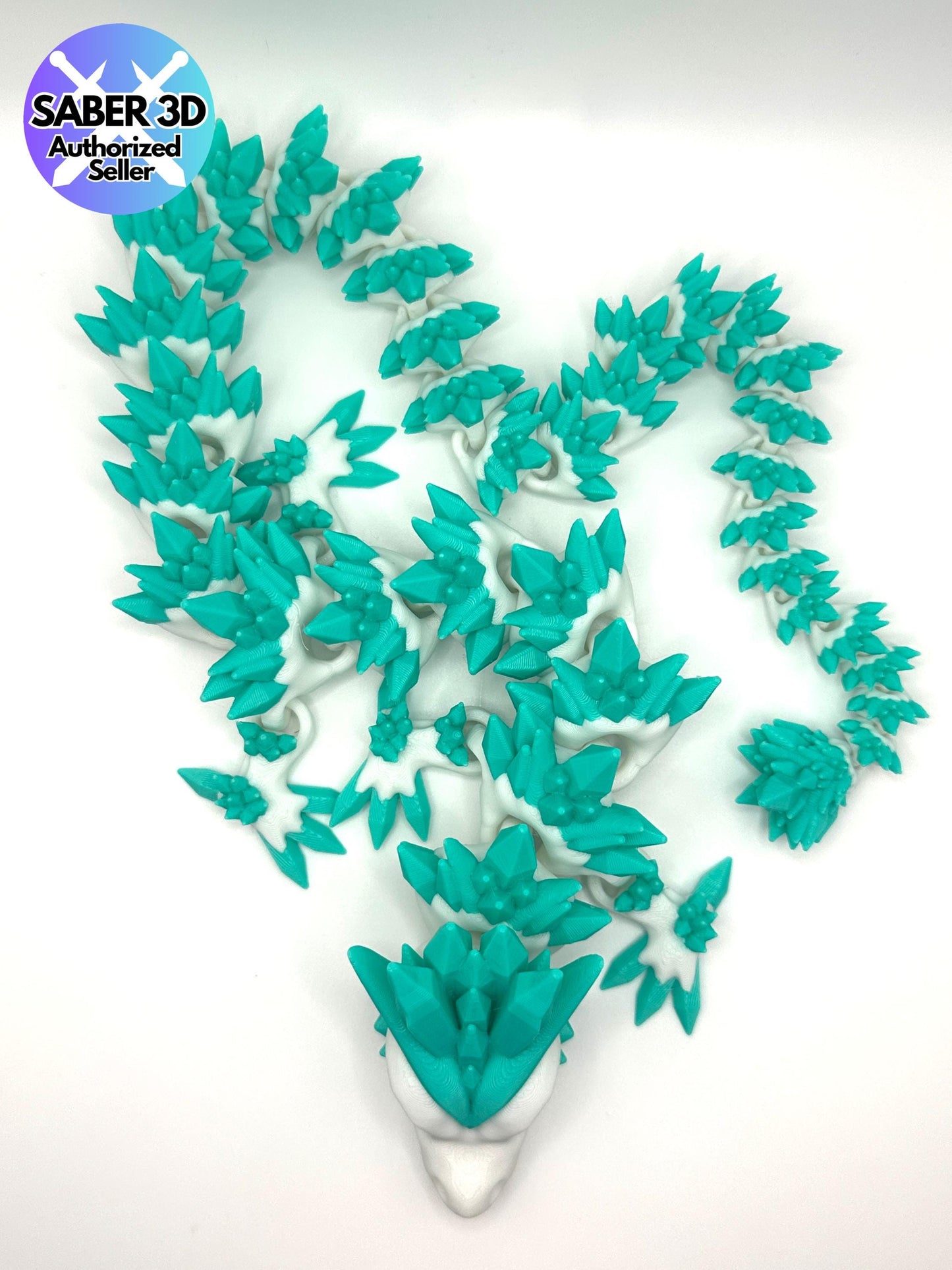 Articulated Crystal Dragon – Teal & White | Fidget Toy | 3D Printed Fantasy Dragon
