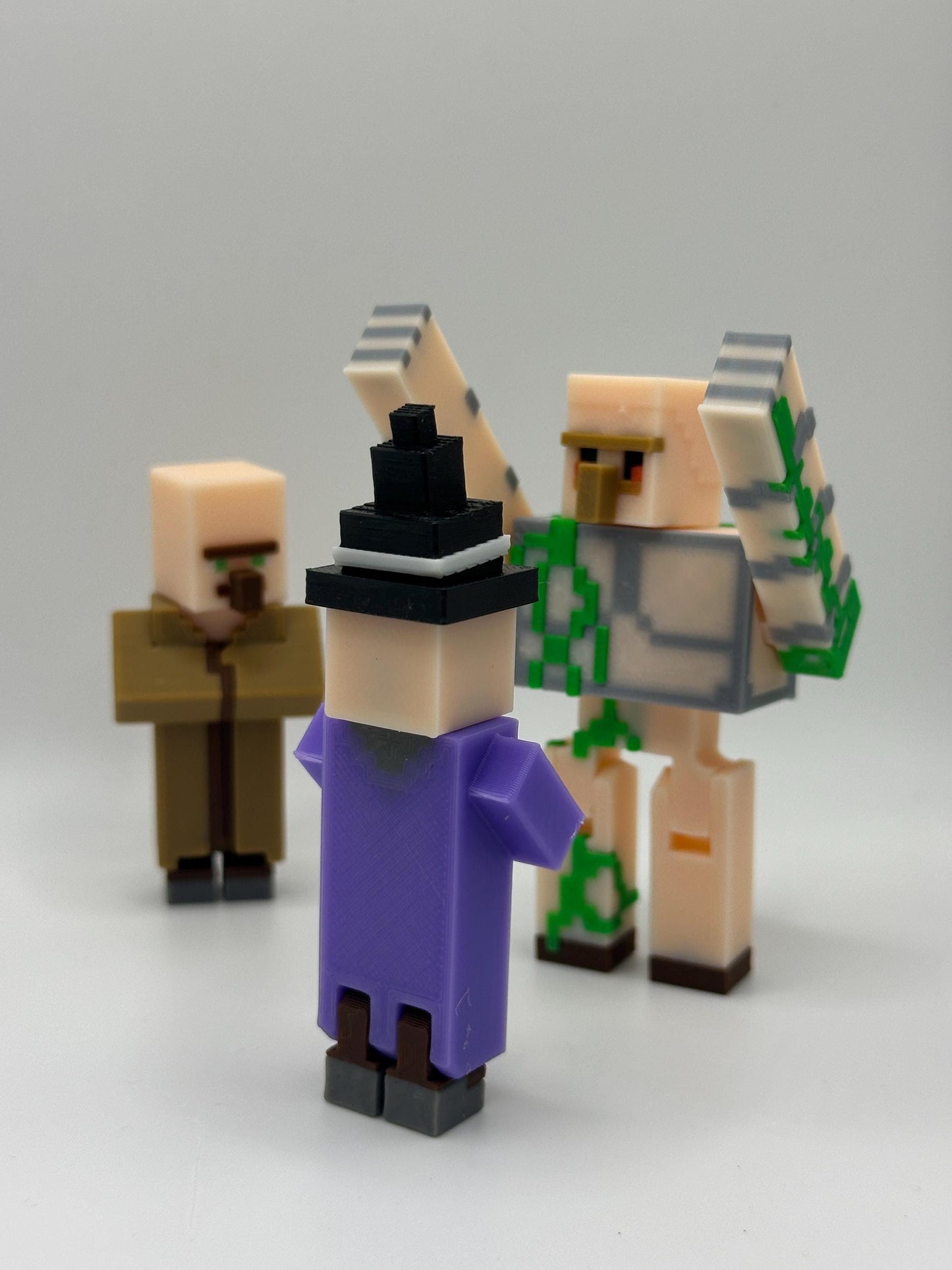 Village Pack – 3D Printed Witch, Villager & Iron Guardian | Pixel Figure Trio | Desk Decor