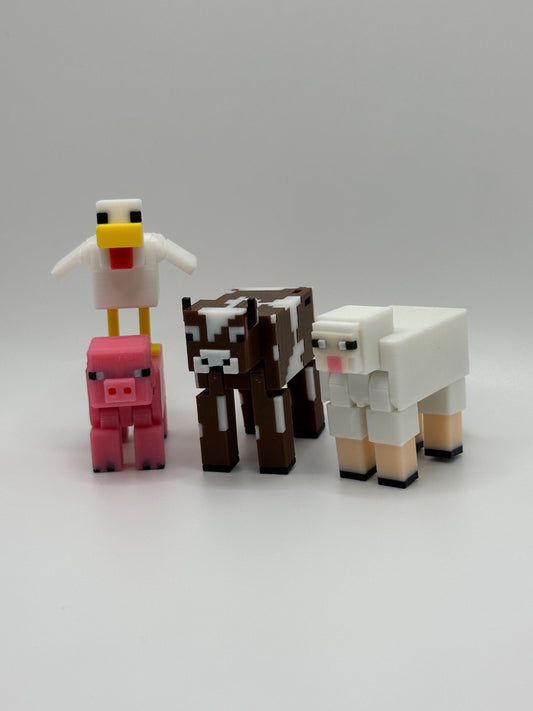 Farm Animal Pack | 3D Printed Cow, Pig, Sheep & Chicken | Articulated Figures | Gamer Gift Set