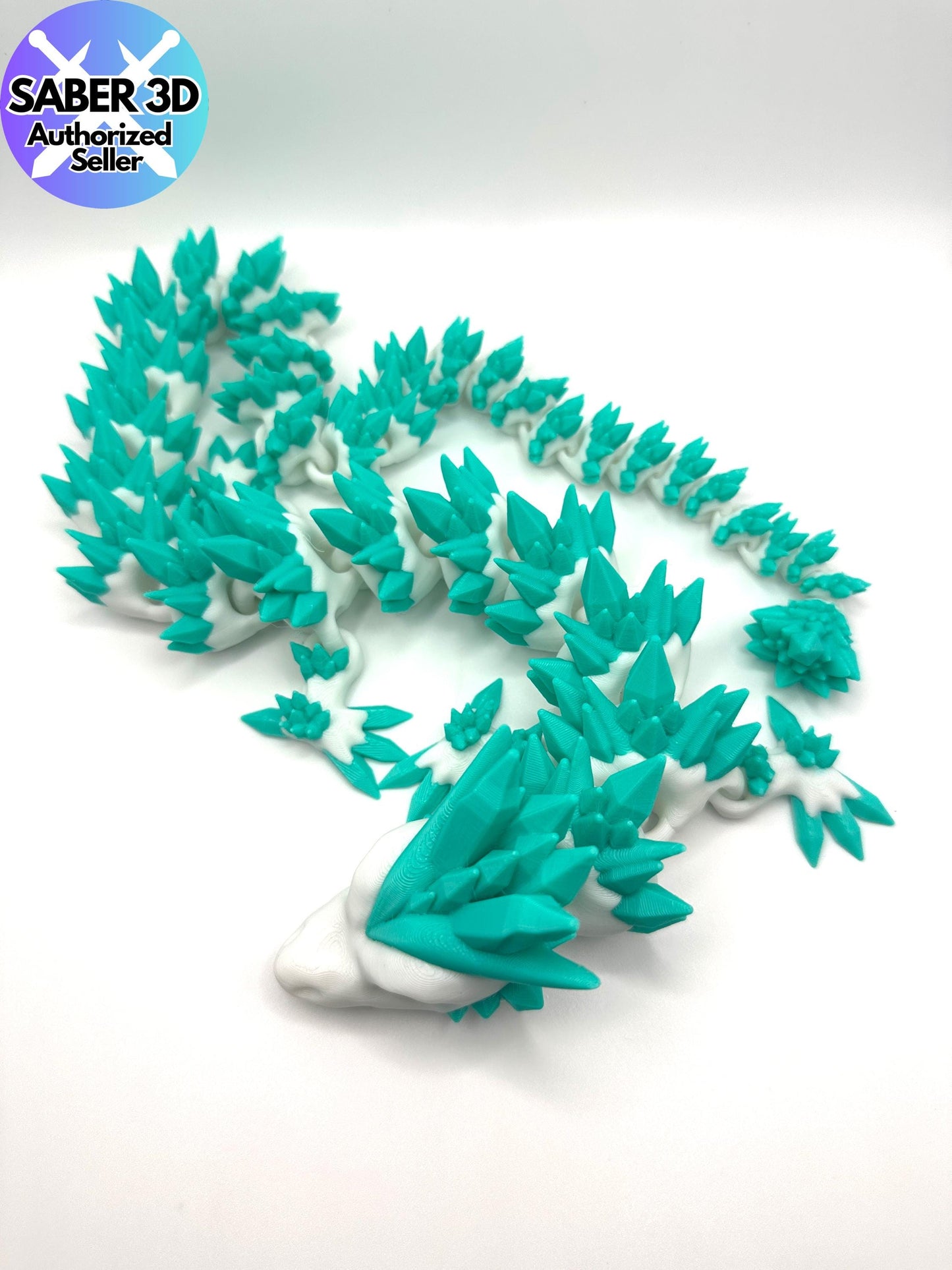 Articulated Crystal Dragon – Teal & White | Fidget Toy | 3D Printed Fantasy Dragon