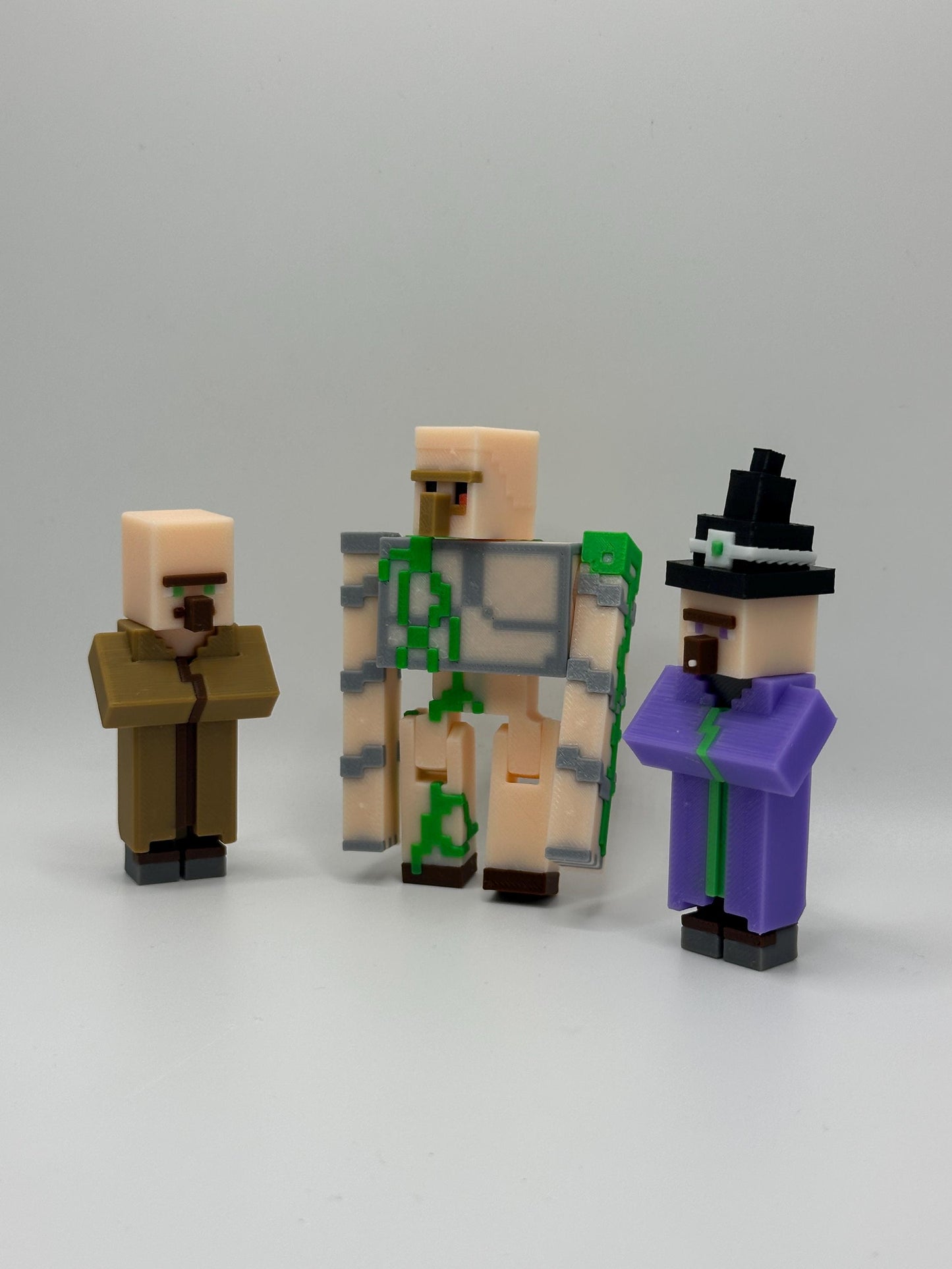 Village Pack – 3D Printed Witch, Villager & Iron Guardian | Pixel Figure Trio | Desk Decor