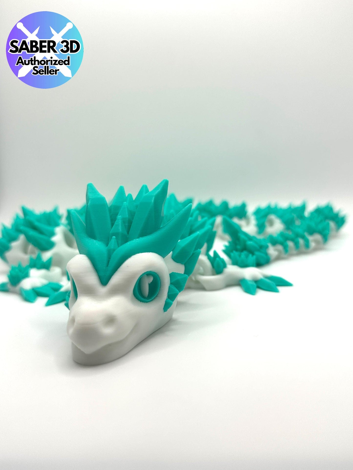 Articulated Crystal Dragon – Teal & White | Fidget Toy | 3D Printed Fantasy Dragon