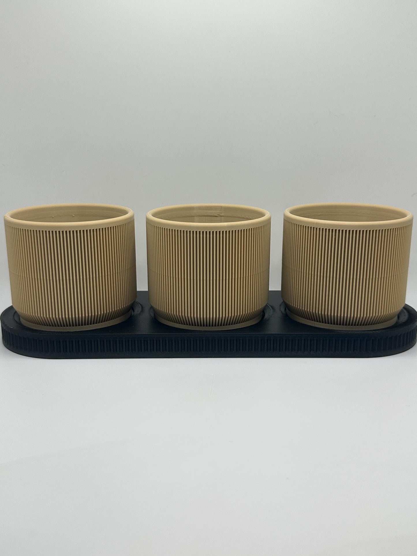 Modern Mini Planter Set: Tan Pots with Black Tray, Drainage