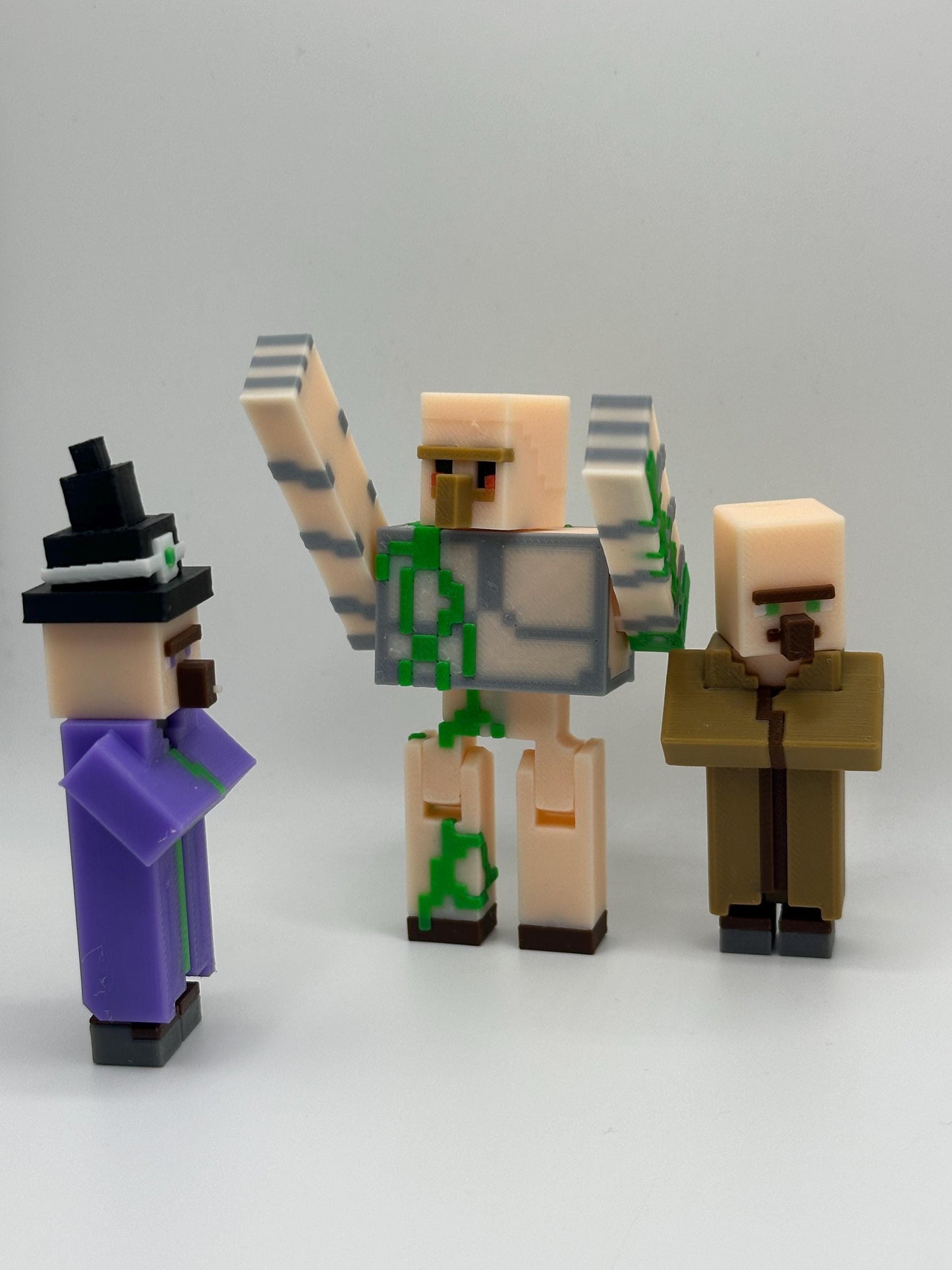 Village Pack – 3D Printed Witch, Villager & Iron Guardian | Pixel Figure Trio | Desk Decor