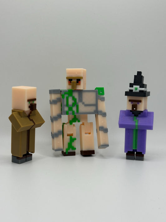 Village Pack – 3D Printed Witch, Villager & Iron Guardian | Pixel Figure Trio | Desk Decor