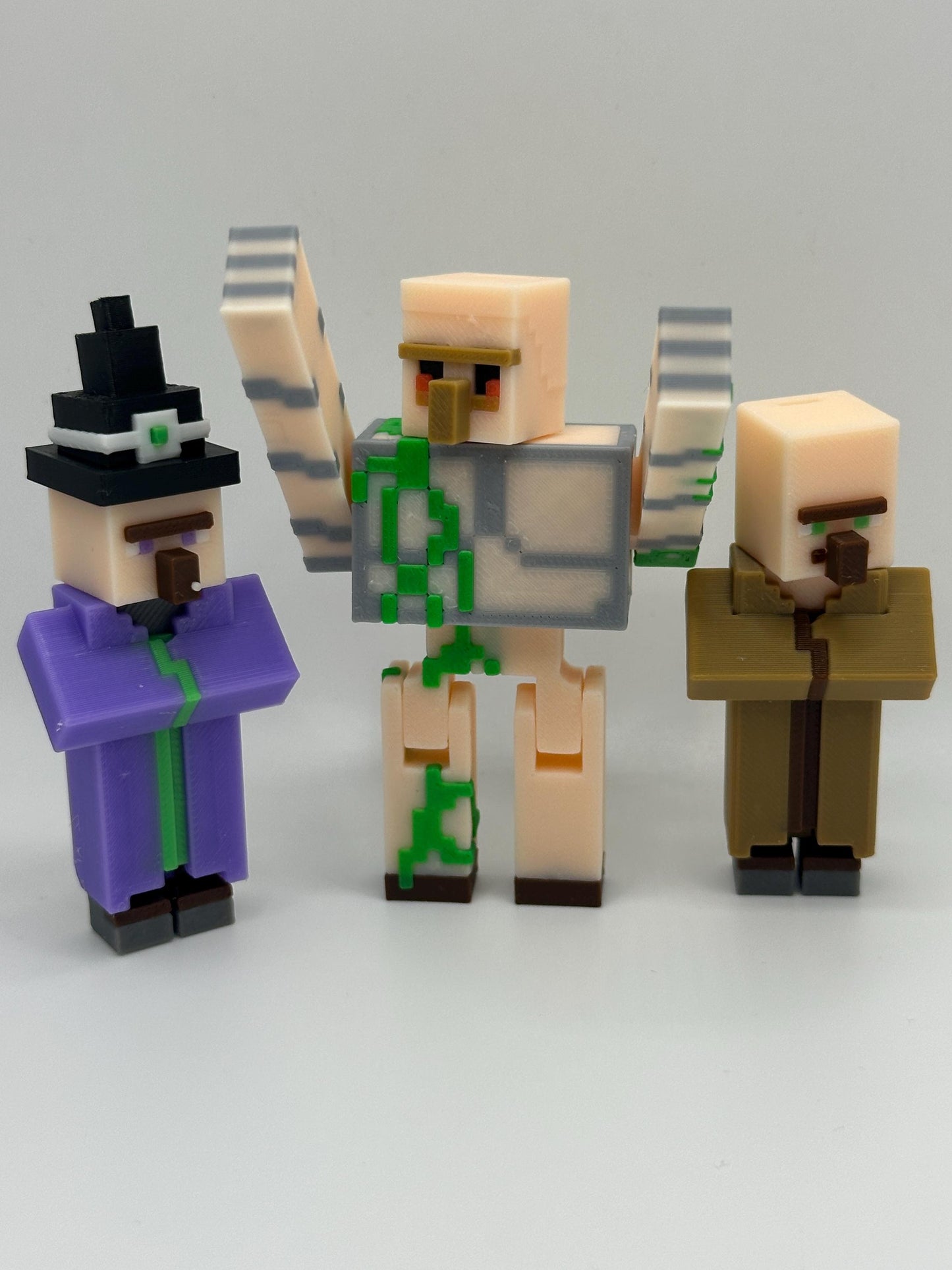 Village Pack – 3D Printed Witch, Villager & Iron Guardian | Pixel Figure Trio | Desk Decor