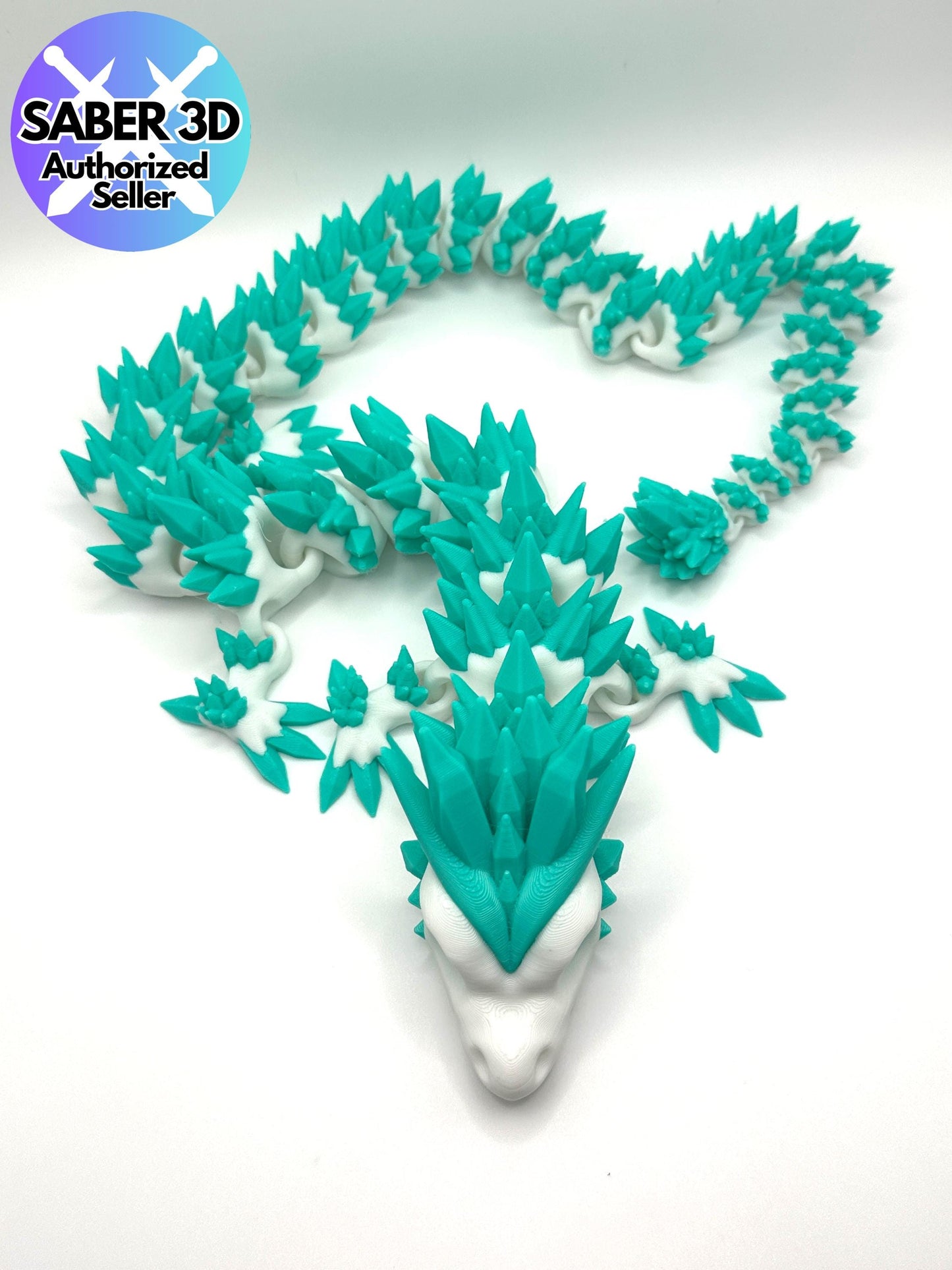 Articulated Crystal Dragon – Teal & White | Fidget Toy | 3D Printed Fantasy Dragon