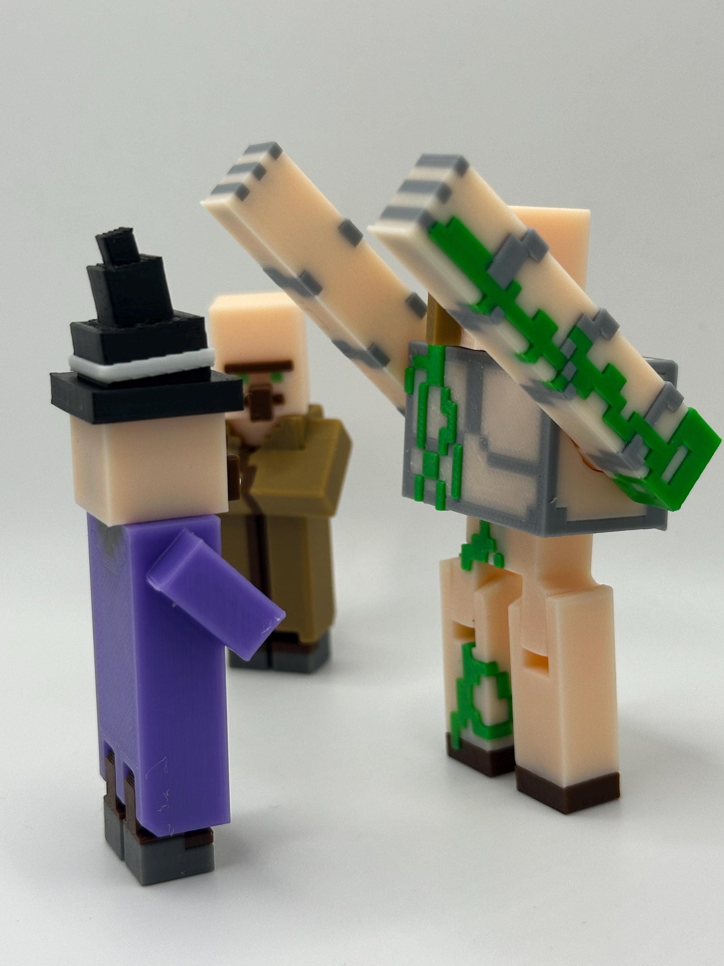 Village Pack – 3D Printed Witch, Villager & Iron Guardian | Pixel Figure Trio | Desk Decor