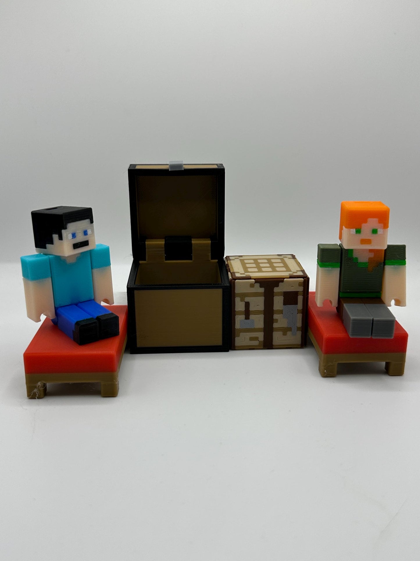Pixel Character Set Pack – Articulated character, Bed, Chest & Crafting Table | 3D Printed Display Set