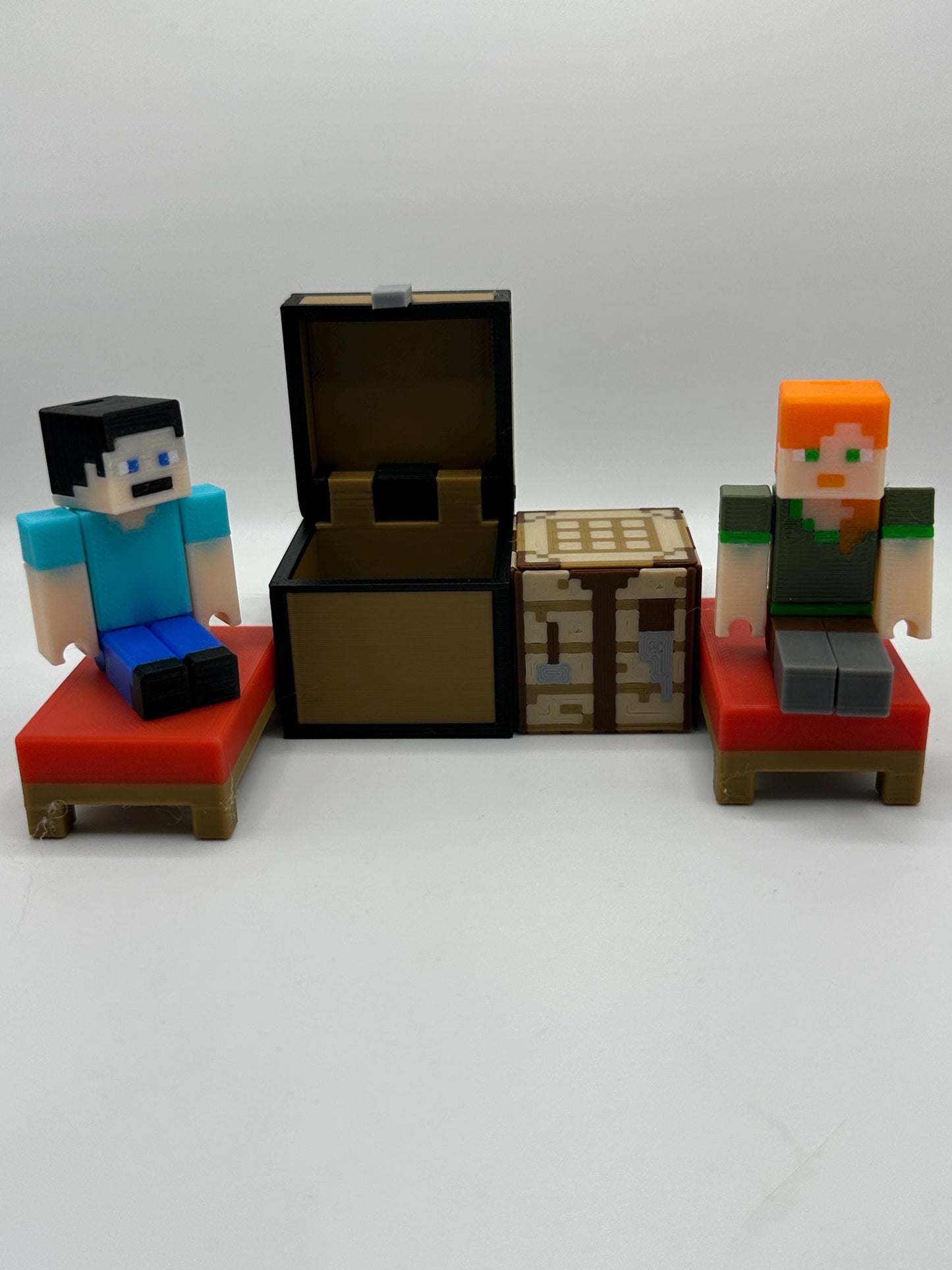 Pixel Character Set Pack – Articulated character, Bed, Chest & Crafting Table | 3D Printed Display Set