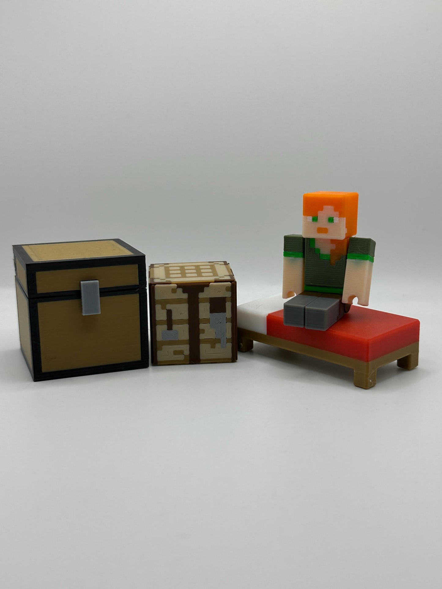 Pixel Female Character Pack – Articulated character, Bed, Chest & Crafting Table | 3D Printed Display Set