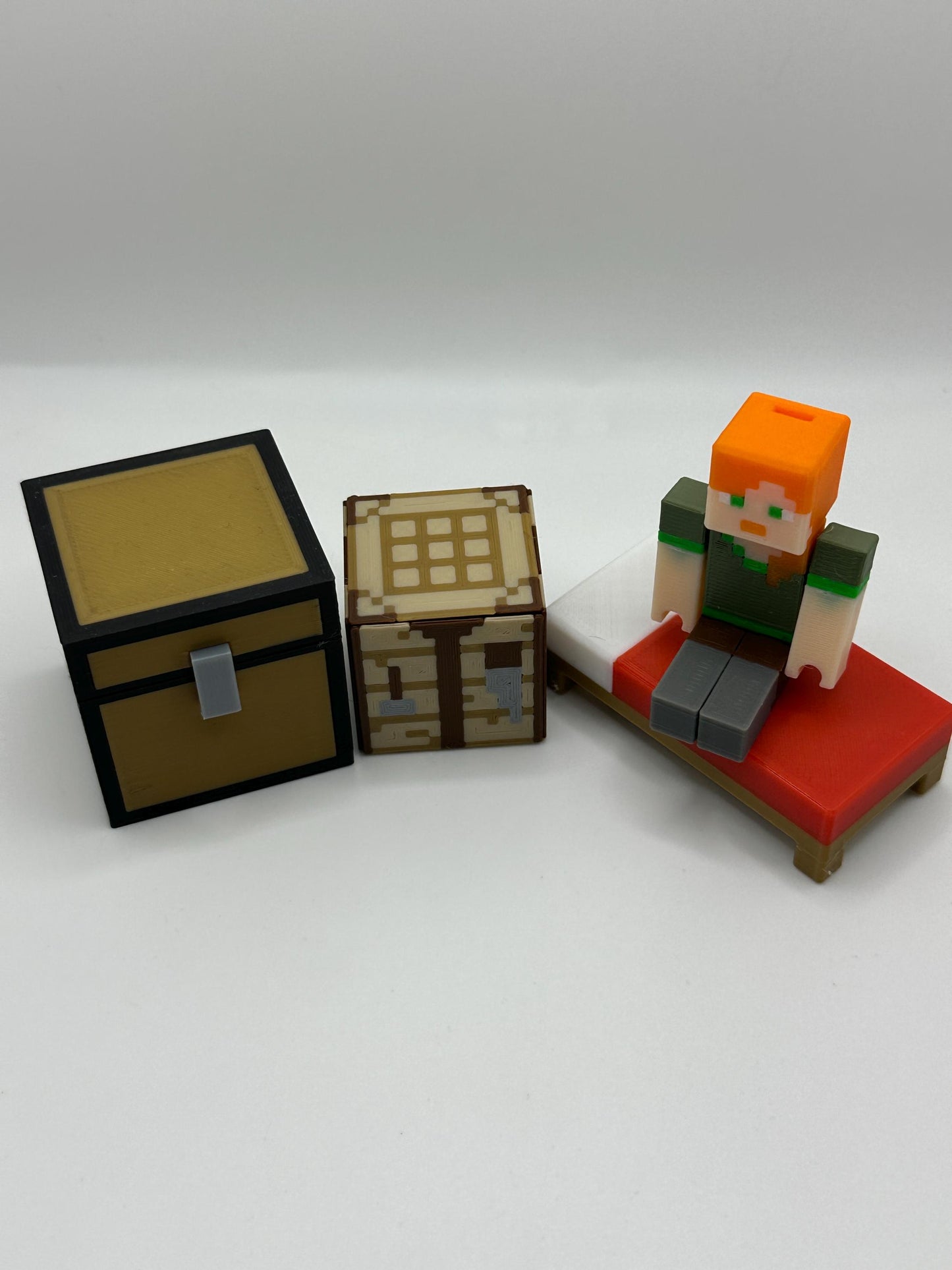 Pixel Female Character Pack – Articulated character, Bed, Chest & Crafting Table | 3D Printed Display Set