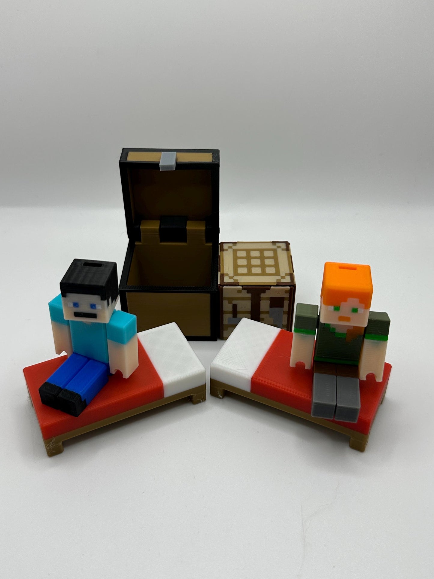 Pixel Character Set Pack – Articulated character, Bed, Chest & Crafting Table | 3D Printed Display Set