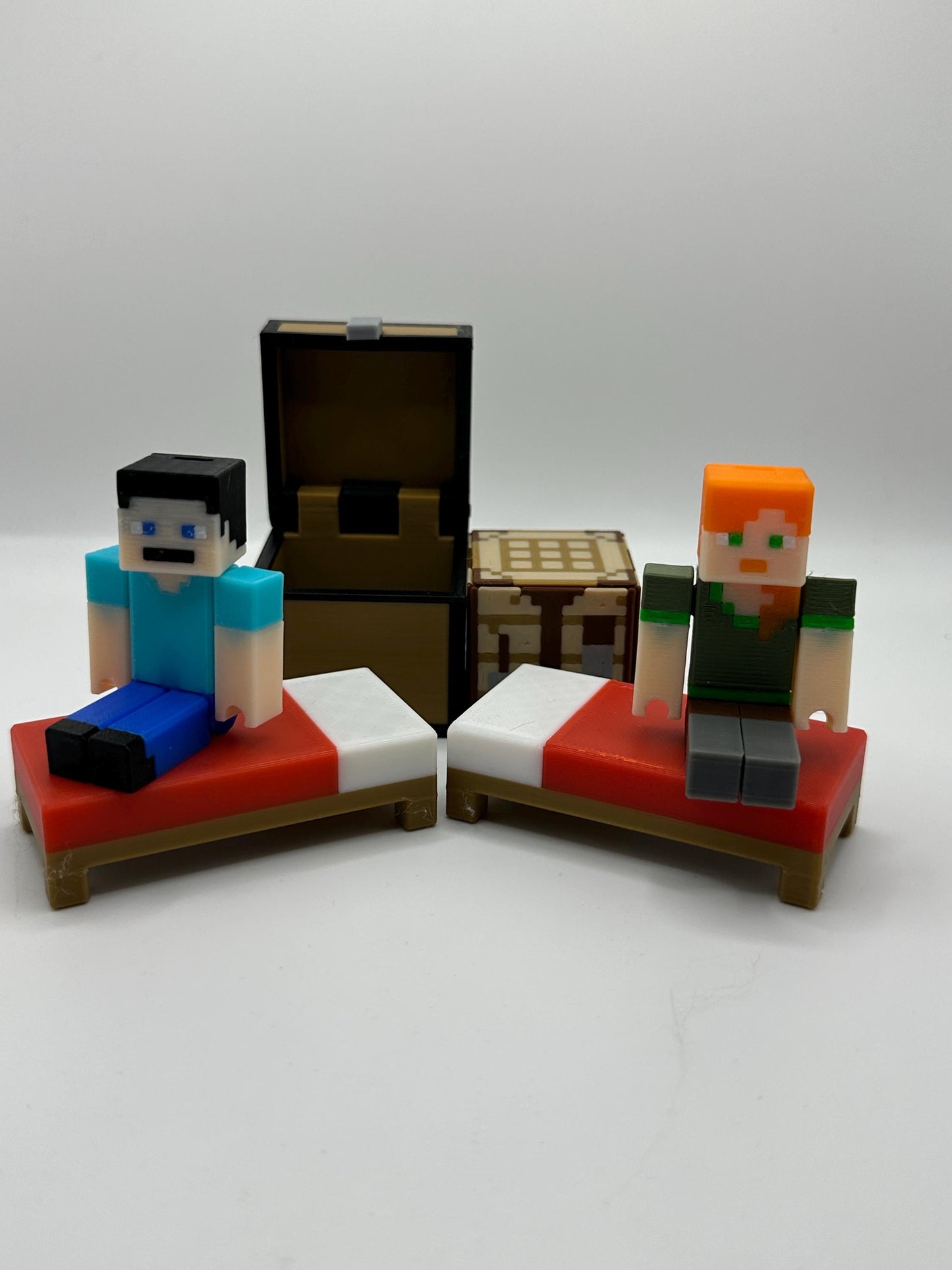 Pixel Character Set Pack – Articulated character, Bed, Chest & Crafting Table | 3D Printed Display Set