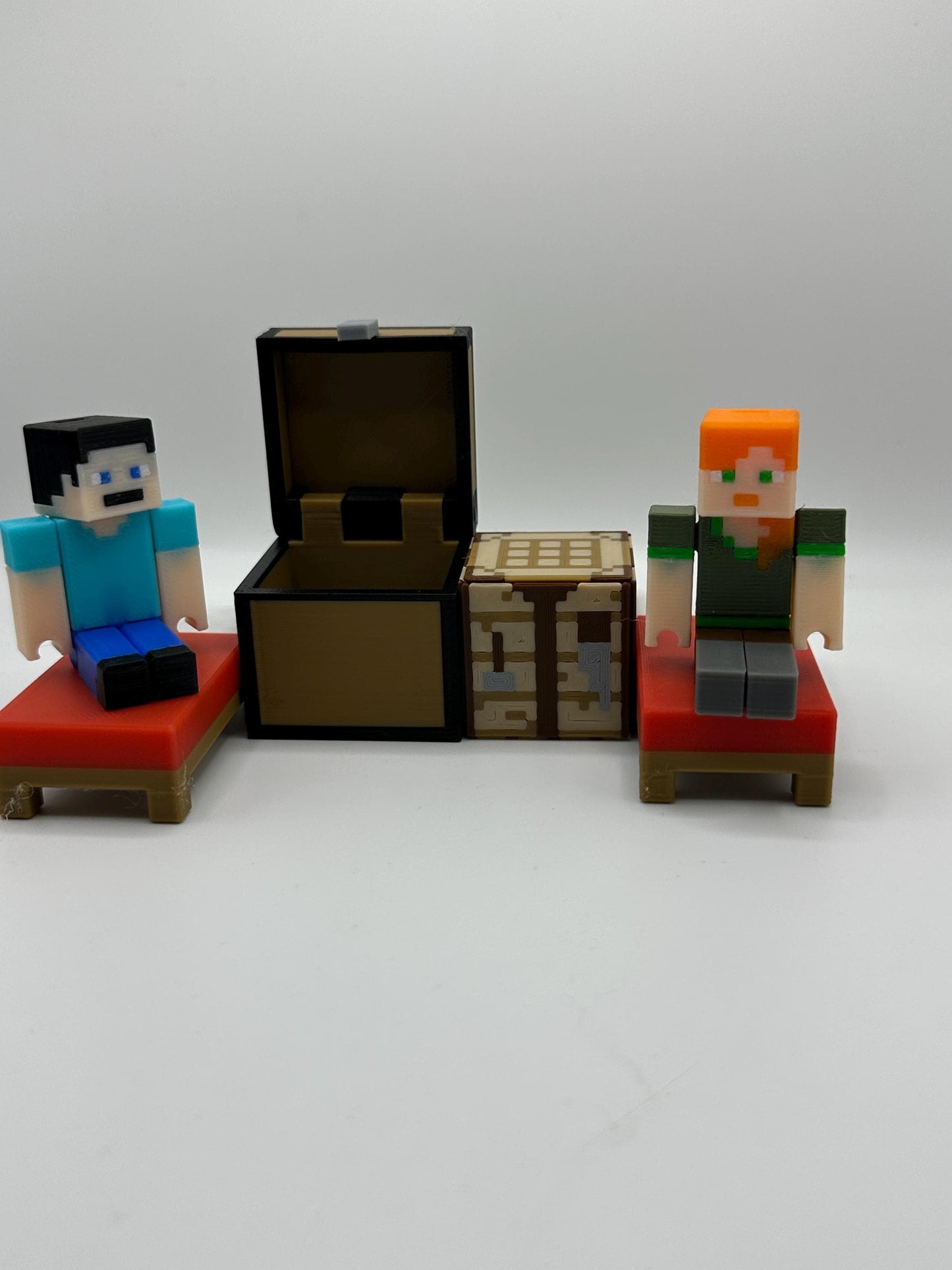 Pixel Character Set Pack – Articulated character, Bed, Chest & Crafting Table | 3D Printed Display Set