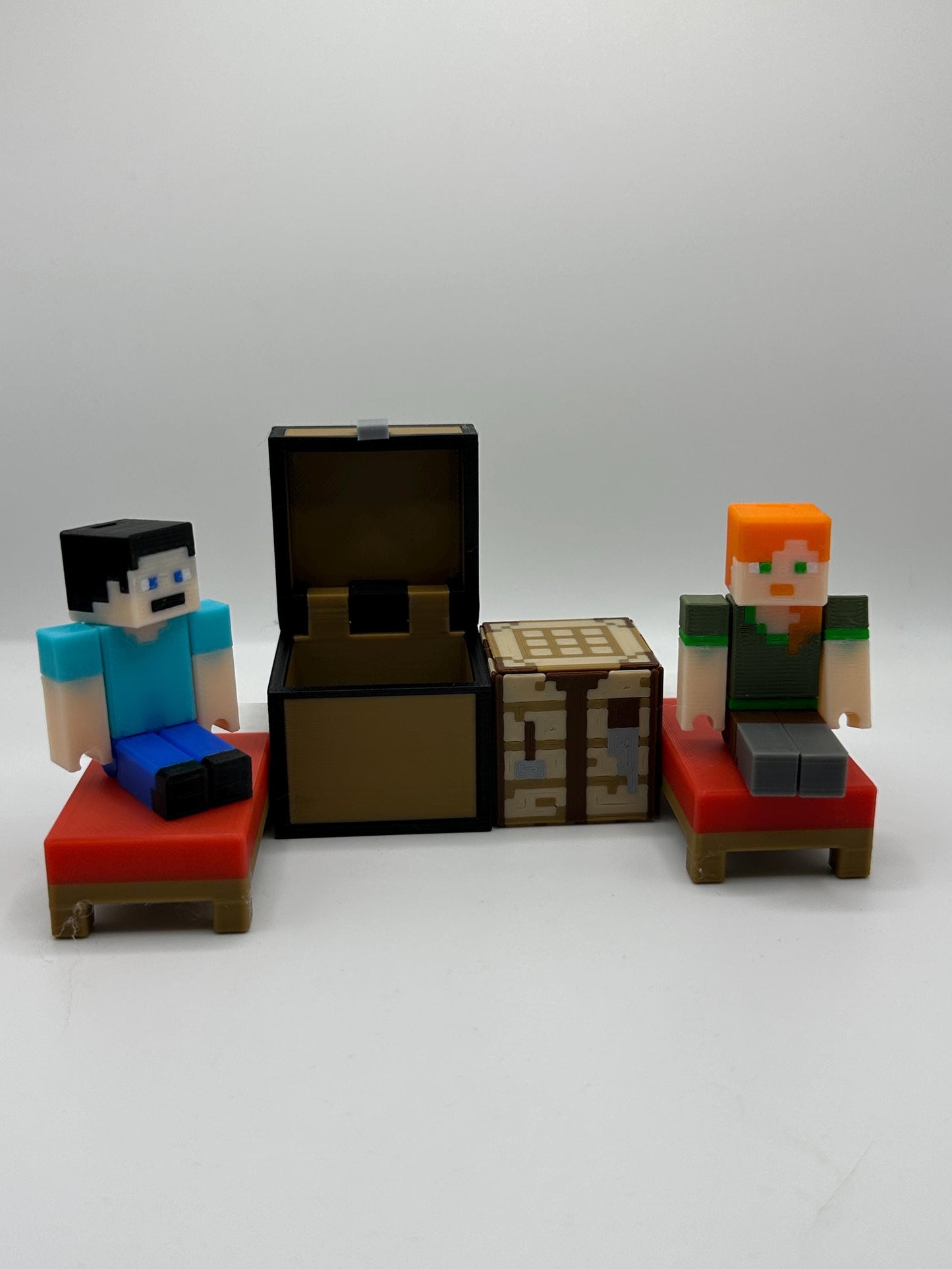 Pixel Character Set Pack – Articulated character, Bed, Chest & Crafting Table | 3D Printed Display Set