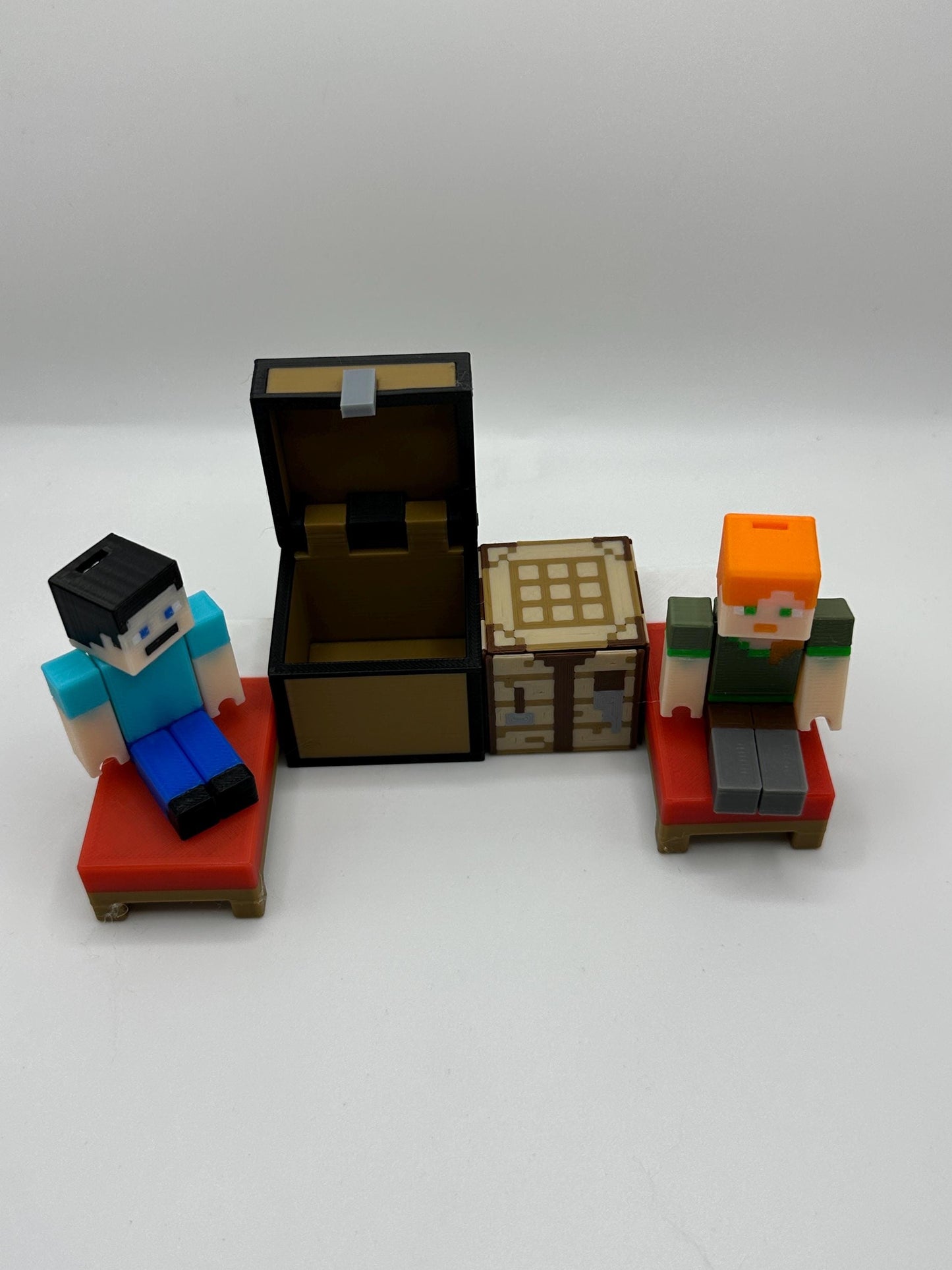 Pixel Character Set Pack – Articulated character, Bed, Chest & Crafting Table | 3D Printed Display Set