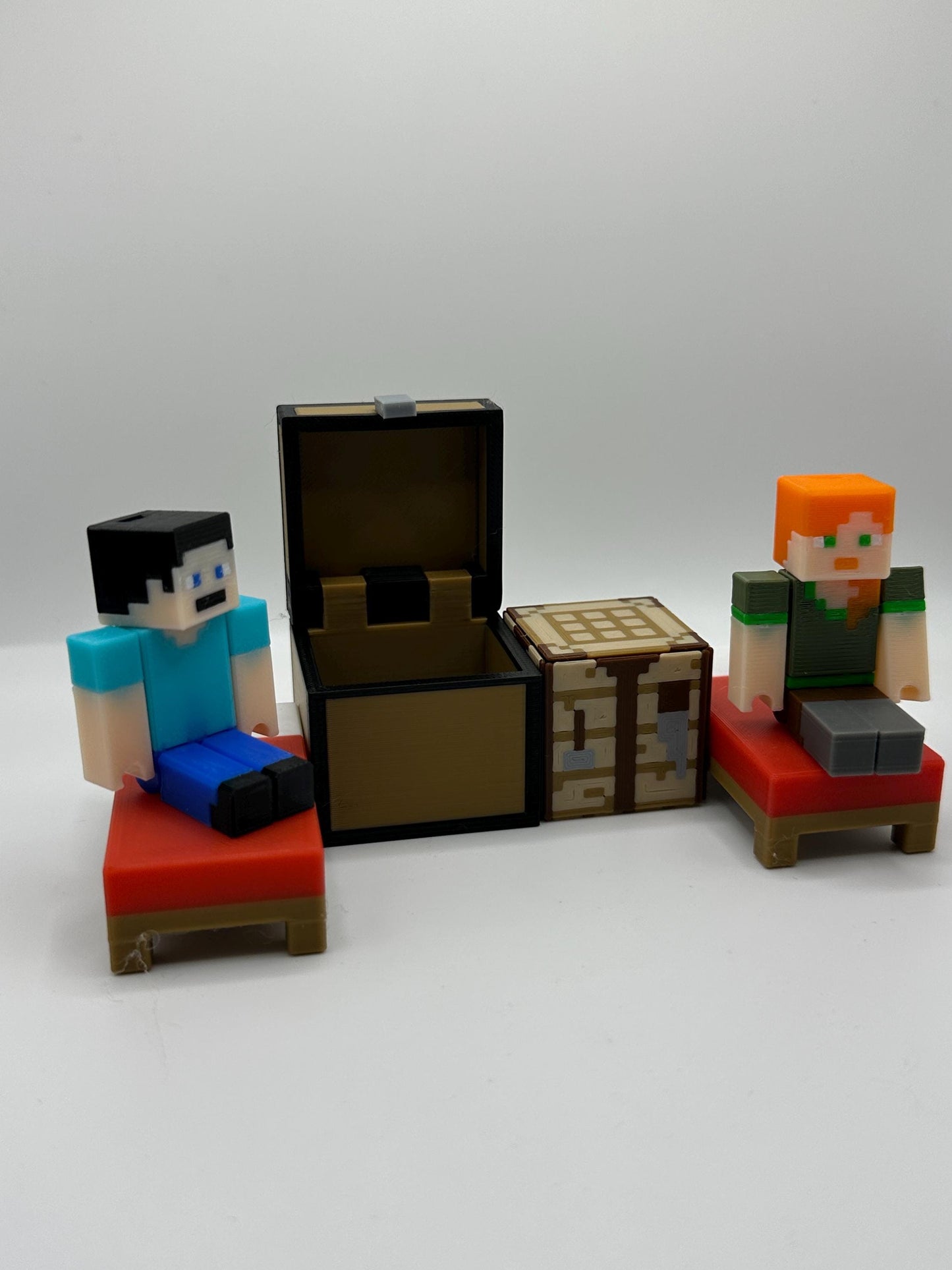 Pixel Character Set Pack – Articulated character, Bed, Chest & Crafting Table | 3D Printed Display Set