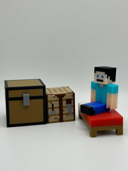 Character Pack – Articulated Character, Bed, Chest & Crafting Table | 3D Printed Display Set