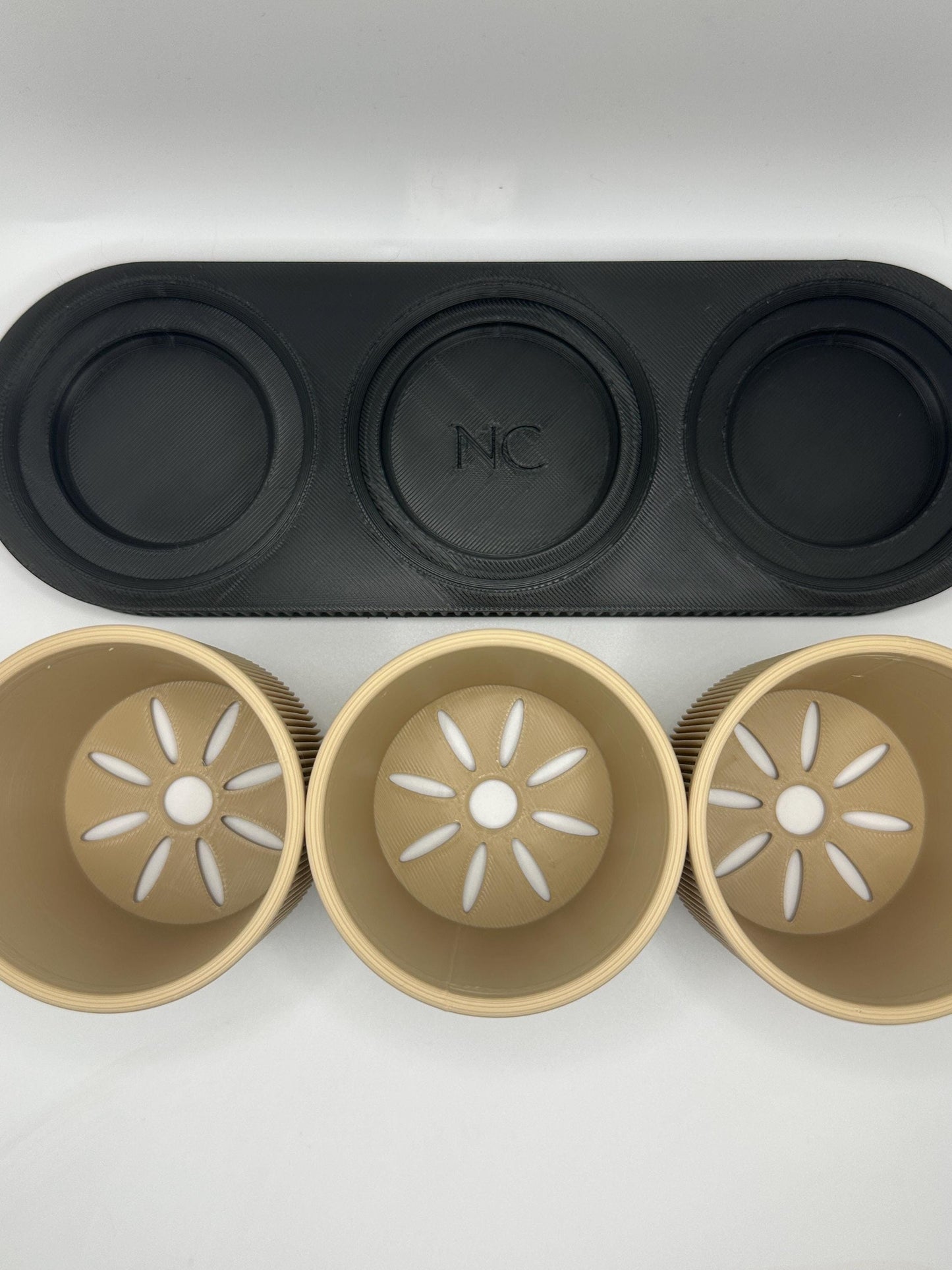 Modern Mini Planter Set: Tan Pots with Black Tray, Drainage
