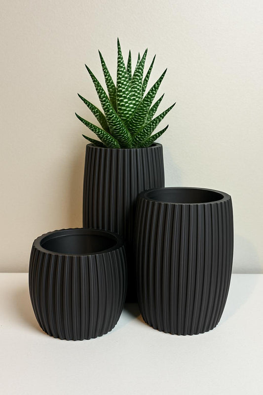 3D Printed Planter Set: Modern Ribbed Design with Drainage
