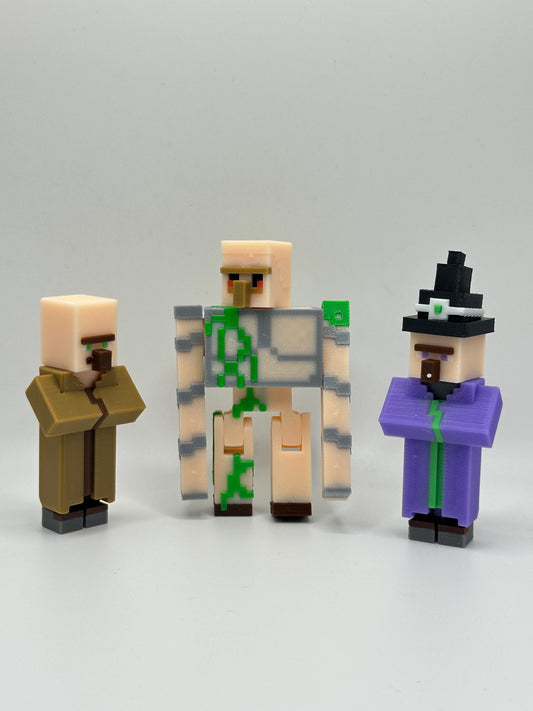 Village Pack – 3D Printed Witch, Villager & Iron Guardian | Pixel Figure Trio | Desk Decor