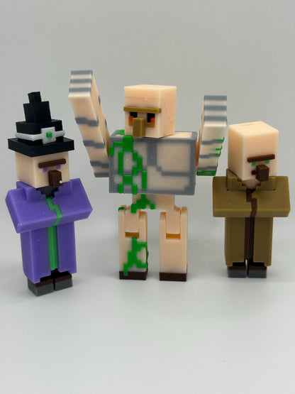 Village Pack – 3D Printed Witch, Villager & Iron Guardian | Pixel Figure Trio | Desk Decor
