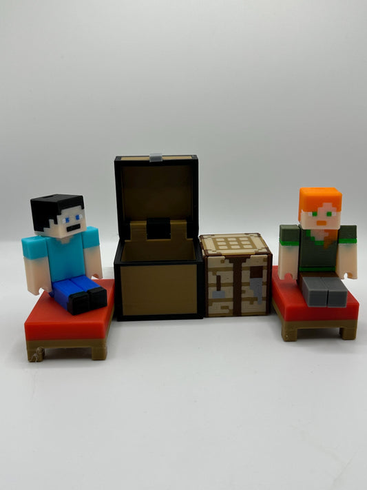Pixel Character Set Pack – Articulated character, Bed, Chest & Crafting Table | 3D Printed Display Set