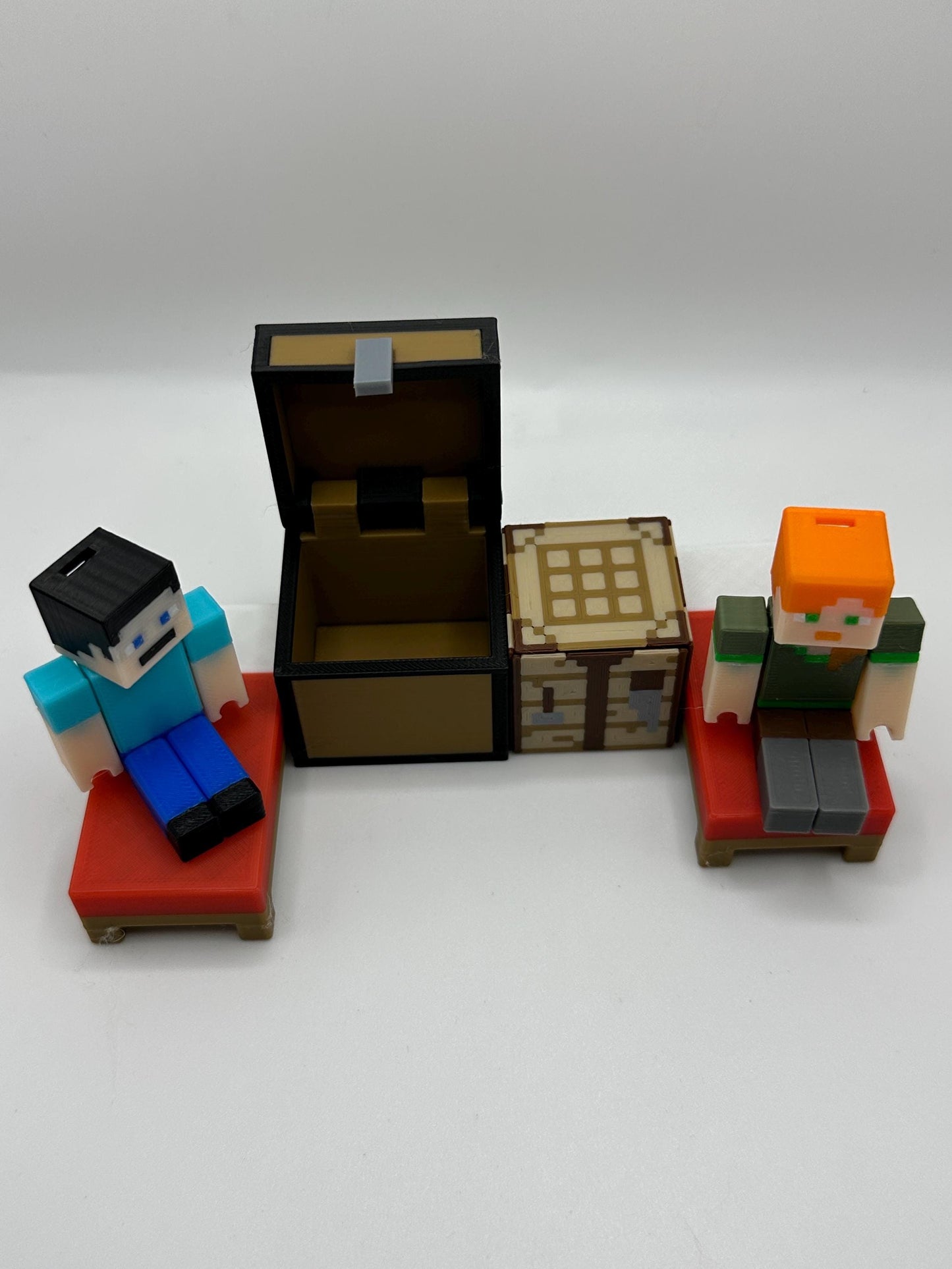 Pixel Character Set Pack – Articulated character, Bed, Chest & Crafting Table | 3D Printed Display Set