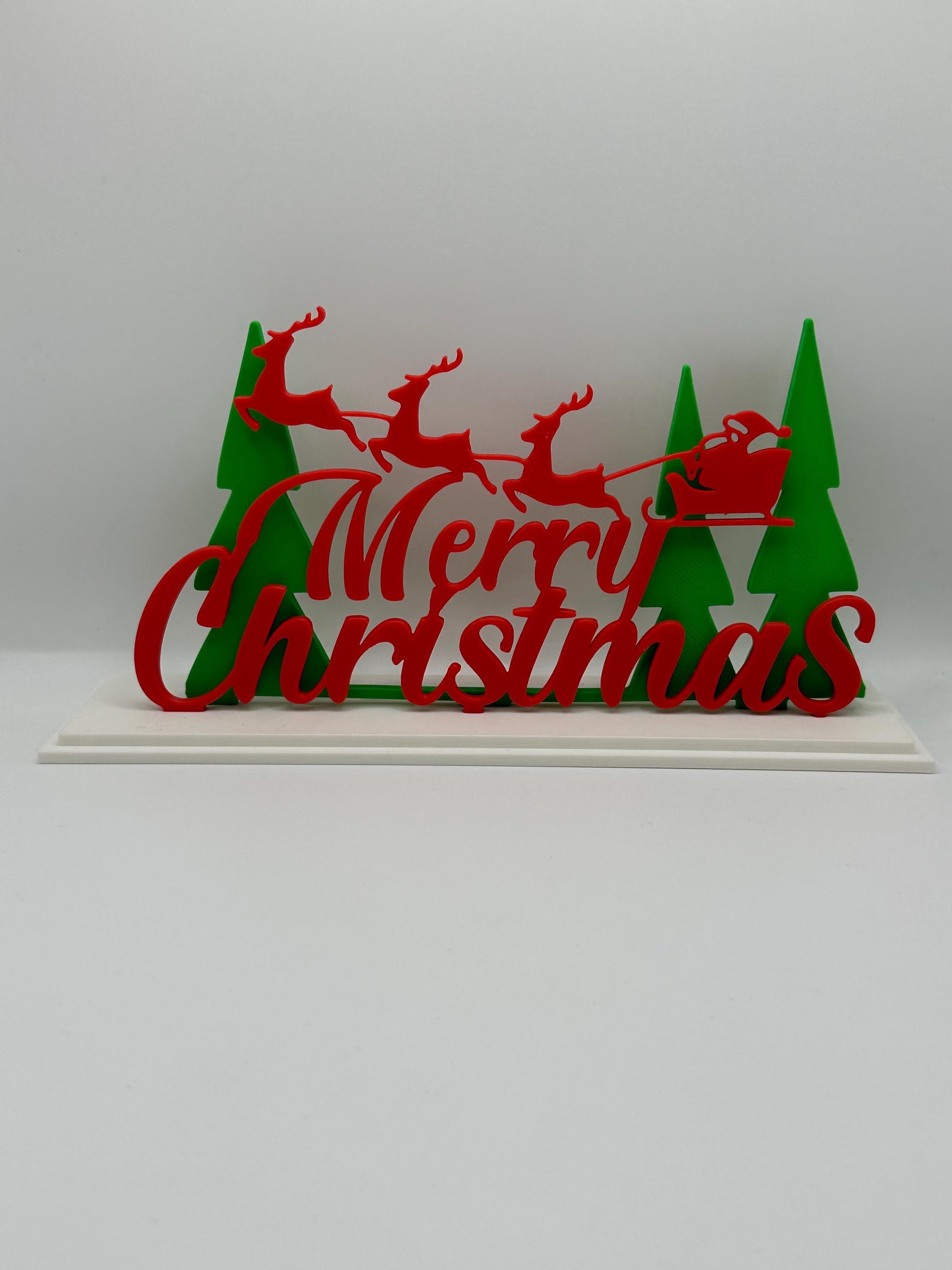 3D Printed Merry Christmas Sign – Santa Sleigh & Reindeer Holiday Decoration, Christmas Shelf or Tabletop Decor, Festive Centerpiece