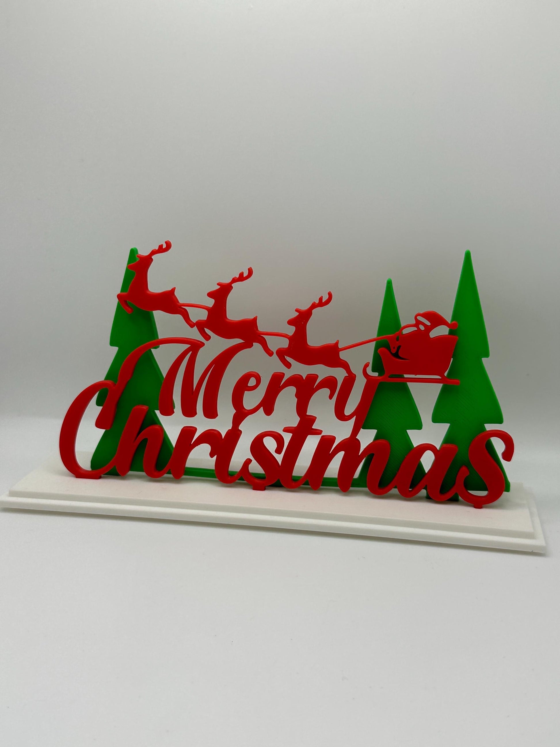 3D Printed Merry Christmas Sign – Santa Sleigh & Reindeer Holiday Decoration, Christmas Shelf or Tabletop Decor, Festive Centerpiece