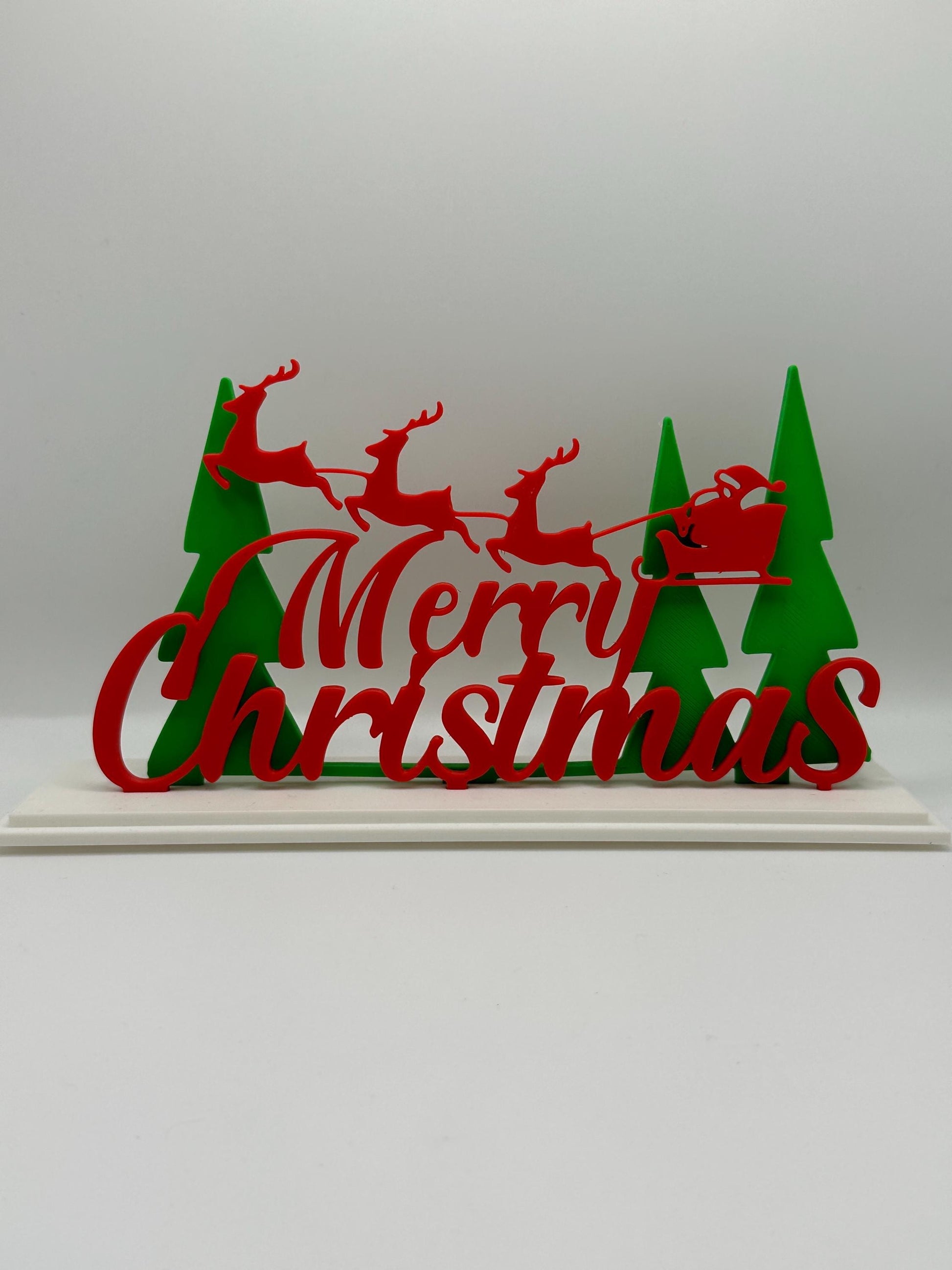 3D Printed Merry Christmas Sign – Santa Sleigh & Reindeer Holiday Decoration, Christmas Shelf or Tabletop Decor, Festive Centerpiece