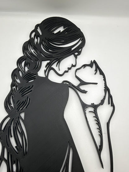 Girl & Cat Wall Art | Minimalist Woman and Cat Silhouette | Cat Lover Decor | 3D Printed Wall Hanging | Modern Line Art | Gift for Cat Mom
