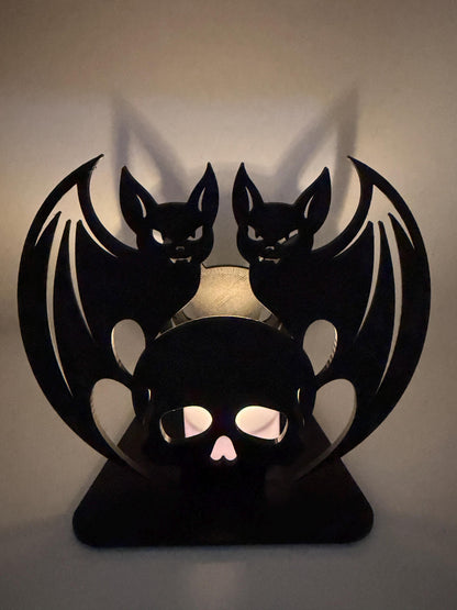 Halloween Shadow Light | Skull & Bat Shadow Projector | Spooky LED Tea Light Holder | Halloween Decor | 3D Printed Shadow Lamp