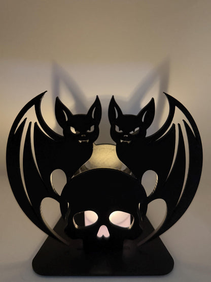Halloween Shadow Light | Skull & Bat Shadow Projector | Spooky LED Tea Light Holder | Halloween Decor | 3D Printed Shadow Lamp