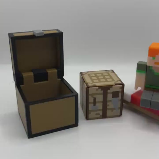 Pixel Female Character Pack – Articulated character, Bed, Chest & Crafting Table | 3D Printed Display Set