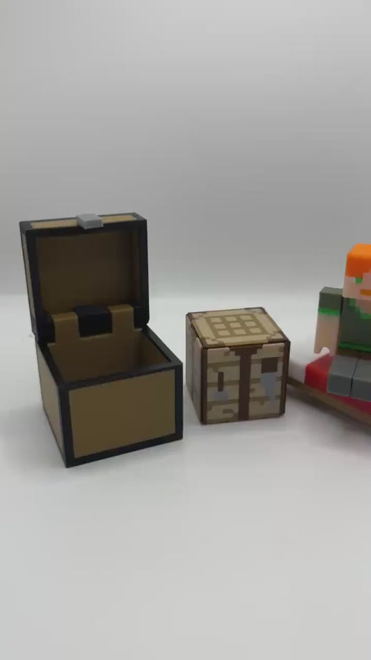 Pixel Female Character Pack – Articulated character, Bed, Chest & Crafting Table | 3D Printed Display Set