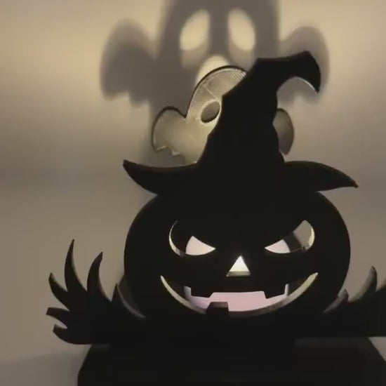 Halloween Shadow Light | Spooky Shadow Projector | Ghost & Pumpkin LED Tea Light Holder | Halloween Decor | 3D Printed Shadow Lamp