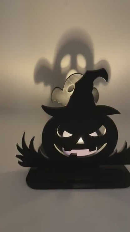 Halloween Shadow Light | Spooky Shadow Projector | Ghost & Pumpkin LED Tea Light Holder | Halloween Decor | 3D Printed Shadow Lamp
