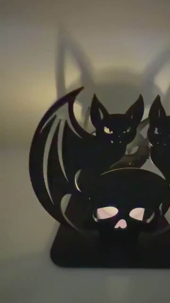 Halloween Shadow Light | Skull & Bat Shadow Projector | Spooky LED Tea Light Holder | Halloween Decor | 3D Printed Shadow Lamp