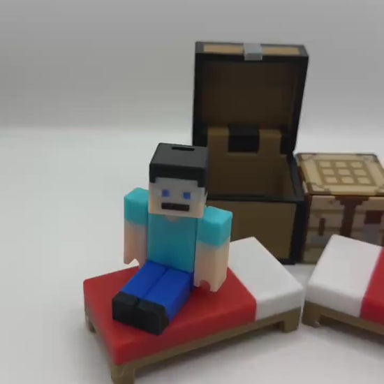Pixel Character Set Pack – Articulated character, Bed, Chest & Crafting Table | 3D Printed Display Set