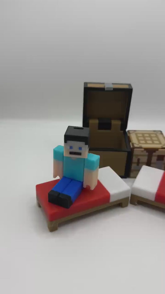 Pixel Character Set Pack – Articulated character, Bed, Chest & Crafting Table | 3D Printed Display Set